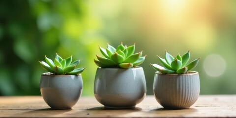 Tranquil Succulents in Simple Pots, Basking in Soft Sunlight on Wooden Surface