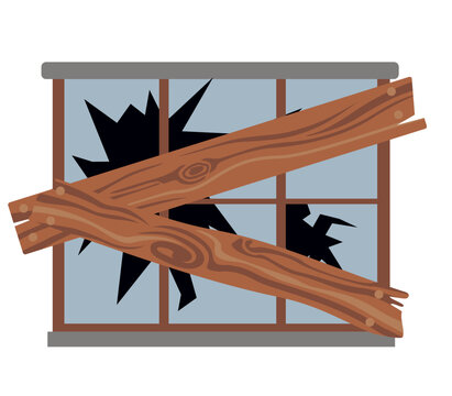 Broken and boarded up window flat vector illustration. Abandoned house window. Concept symbol