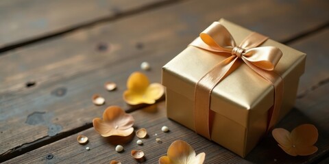 A luxurious gold gift box tied with a satin ribbon rests on a rustic wooden surface, adorned with delicate, scattered petals and pearls.