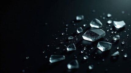 Shattered Glass Fragments and Water Droplets on a Dark Surface A Study in Texture and Reflection