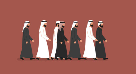 Pixelated depiction of group of men in traditional arab attire walking in single file with brown background