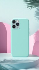 Mint Green Smartphone Case on Colorful Background with Palm Leaves