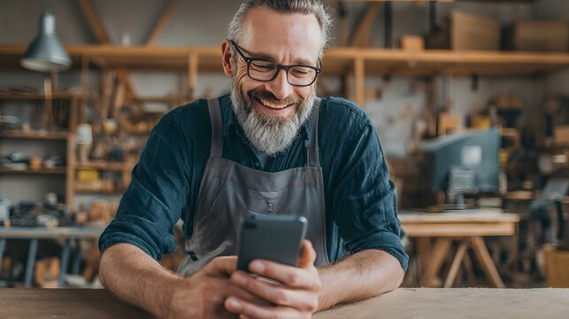 Woodworker using phone in workshop happy craftsman with mobile woodworking project communication