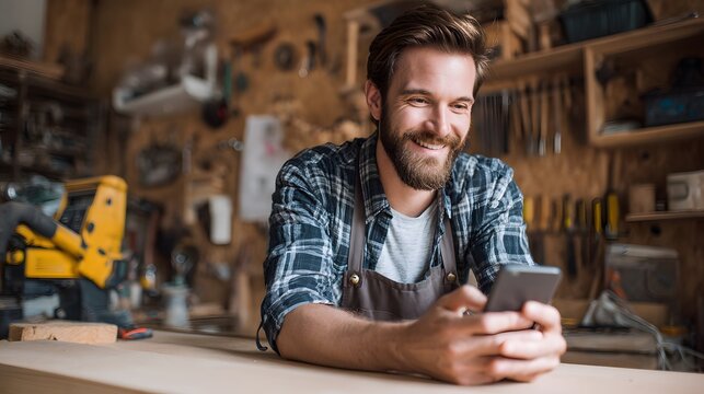 Happy woodworker using phone in workshop for online marketing and small business management tools