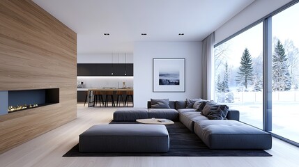 Fototapeta premium Modern living room with large windows, a gray sectional sofa, minimalist decor, and a view of a snowy landscape outside.