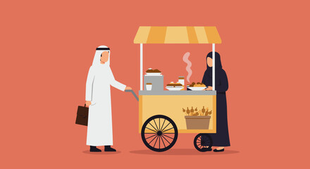 Pixelated Illustration Of Arab Man Buying Food From Street Vendor Cart With Woman In Traditional Attire In Orange Background