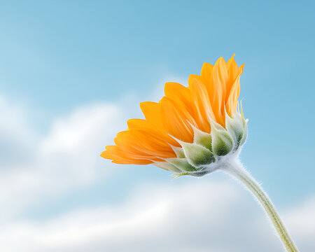 Orange flower with blue sky, and clouds. - Powered by Adobe