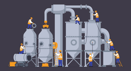 Fototapeta premium Pixelated Industrial Plant Scene with Workers in Orange Safety Vests Performing Maintenance on Grey Equipment on Dark Background