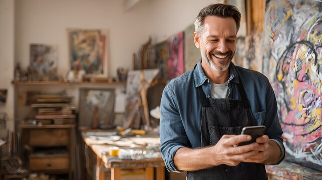 Artist using phone in studio for art business marketing and social media promotion online content creation