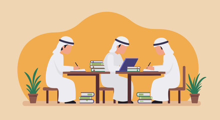 Three Men In Traditional White Attire Studying At Table With Books Laptop and Plants in Beige Background