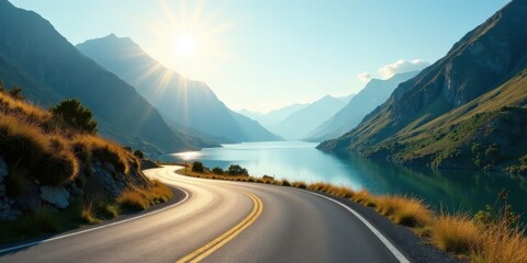 Scenic Winding Road Journey Through Majestic Mountain Valley and Serene Lake at Sunrise