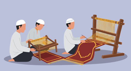 Three Men Weaving Textiles on Wooden Looms with Red Rugs and White Attire in Flat Pixel Style