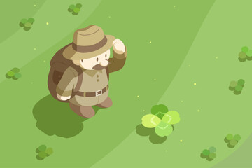 探検家の男性キャラクターが四葉のクローバーを見つけたシーン、または幸福や幸せに関するベクターイラスト