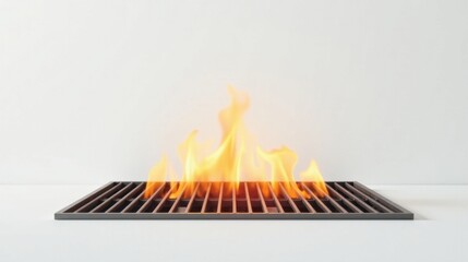 A close-up view of a rectangular grill grate with vibrant flames burning beneath, set against a minimalist white backdrop.