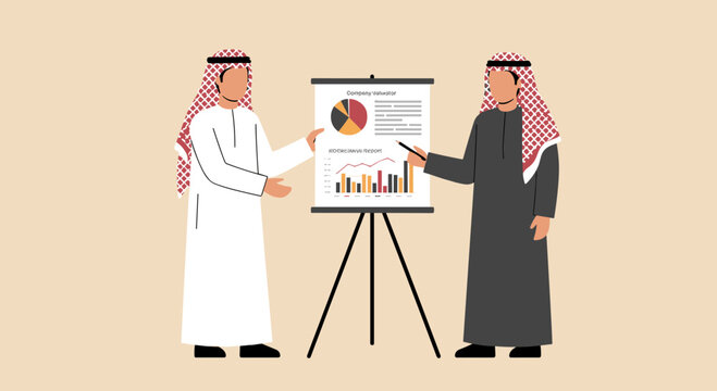 Two Arab Businessmen Presenting Data on a Flip Chart in an Office Setting with Beige Background