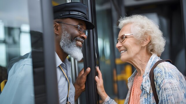 Bus driver and senior woman smiling public transportation travel community service friendly interaction on bus ride