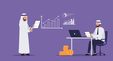 Two Businessmen in Traditional Attire Reviewing Financial Data Using Laptop and Tablet in Office with Purple Background