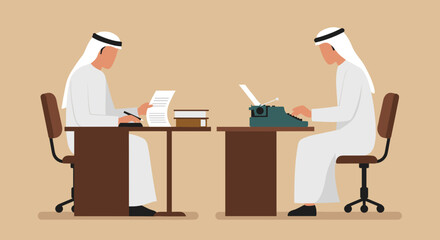 Two Men in Traditional White Attire Working at Desks with Typewriter and Paper Documents in Office