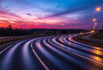 Obraz premium Gleaming asphalt highway curves under twilight sky, reflecting streetlights after a rain shower, evening, reflection
