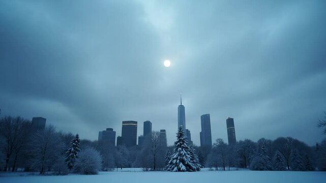 Snow stormy clouds over city panorama