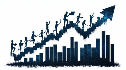 Group of people ascending stylized bar graph, symbolizing economic growth and stability. upward arrow represents progress and success, with individuals collaborating and supporting each other