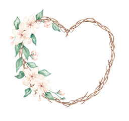 Watercolor floral wreath in heart shape. Spring nature leaves and flowers. Isolated on white. Perfect for designing Wedding, Valentine's day greeting card, invitation, banner, wall art
