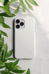 Minimalist Smartphone with Leafy Background on Textured Surface