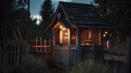 Rustic wooden playhouse lit at night backyard setting for kids outdoor fun and adventure time play area