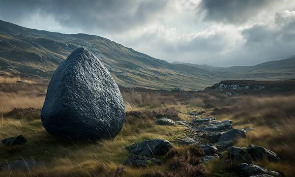 Large, smooth boulder stands prominently in a rugged landscape with rolling hills and a cloudy sky