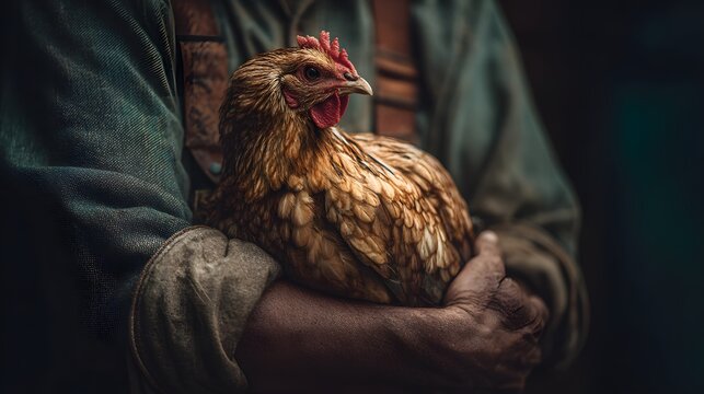 Close up of a brown chicken being held by a farmer in rustic setting for poultry and agriculture use