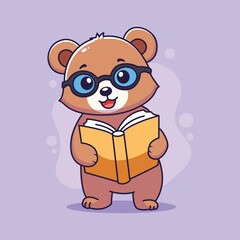 cute cartoon bear wearing glasses reading a book. vector illustration