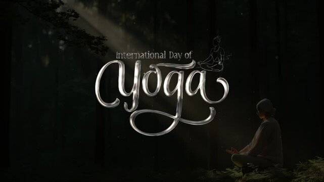 Title International day of yoga with a woman meditating in a forest. Suitable for promoting wellness, mindfulness, yoga events, nature retreats, and meditation practices.