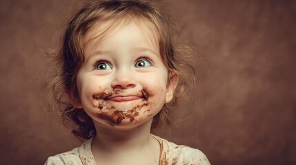 Adorable toddler girl with chocolate cake on face making funny expression dessert sweet child portrait
