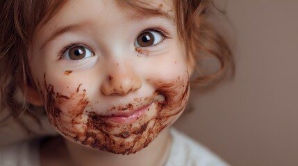 Adorable toddler face covered in chocolate messy eating happy child sweet treat dessert indulgence moment