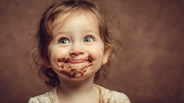 Naklejki Adorable toddler girl with chocolate cake on face making funny expression dessert sweet child portrait