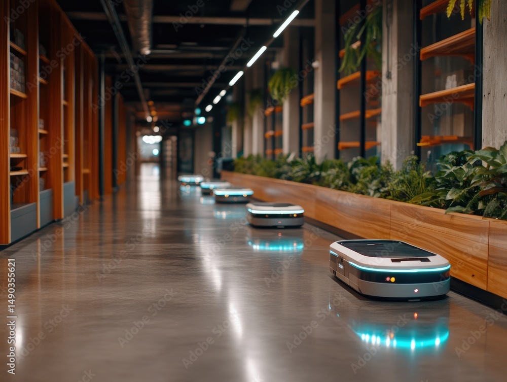 Poster automated robots navigate modern interior space