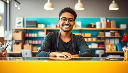Friendly shop assistant behind counter, smiling, staff, sales associate