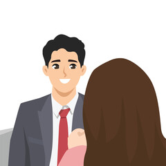 Smiling man in a suit engages in a conversation with a woman, creating a professional atmosphere. Flat Vector character illustration