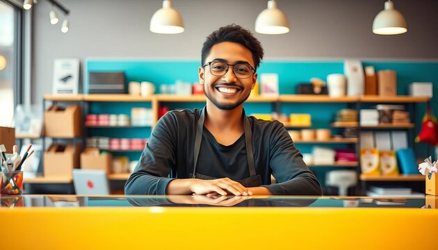 Friendly shop assistant behind counter, smiling, staff, sales associate