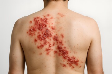 Caucasian man displays painful shingles rash across his back, showing skin blisters and inflammation