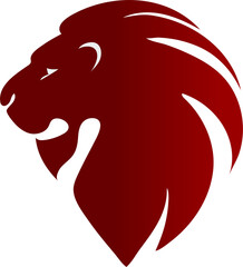 A bold, dark red silhouette of a lion's head. .