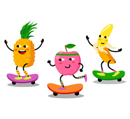 Fototapeta premium Fruits skater mascots vector characters design. Set of cute fruits characters skateboarding. Cute apple, pineapple, banana. For kids, merchandise and sticker, banner promotion or blog