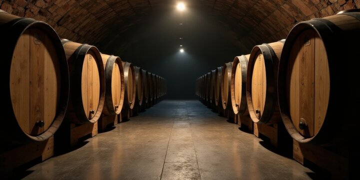 Rows of aged wooden wine barrels in a dimly lit cellar create an atmospheric and inviting ambiance