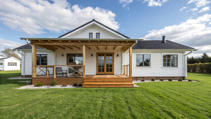 cozy white house with wooden porch located on green lawn.