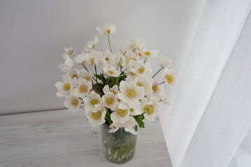 bouquet of wild flowers in a vase stands on a light table and a white background. Nature in the house