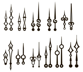 Clock hands set collection. Isolated watch arrows and time pointers. Old vintage hour, minute and second hands silhouettes with antique decorations and metal ornaments
