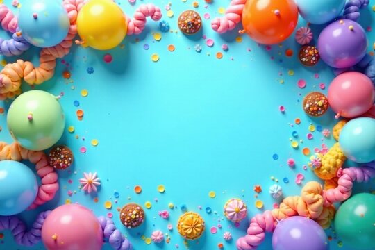 A vibrant celebration pastel balloons, whimsical sweets, and colorful confetti create a festive border on a bright blue background, perfect for invitations or announcements.