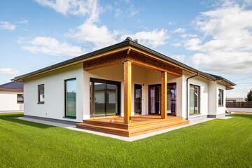 cozy white house with wooden porch located on green lawn.