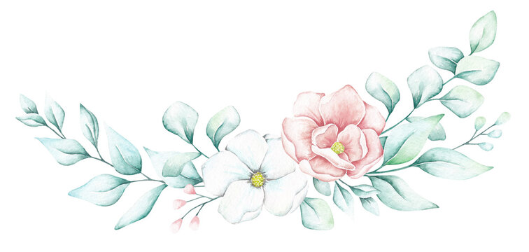 Floral border hand drawn by watercolor. Isolated on white background. Pink and white flowers, leaves, berries. Festive, greeting, wedding gesign