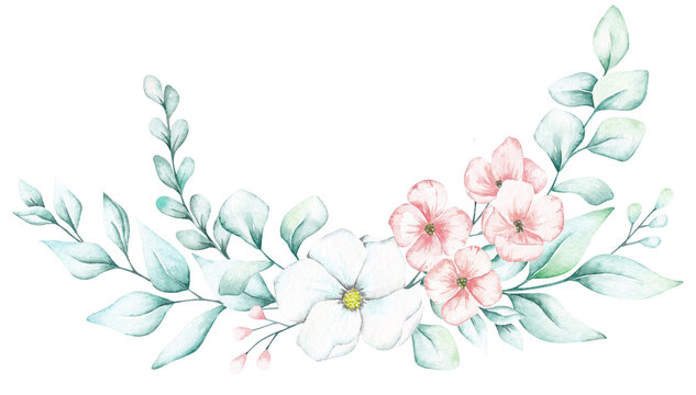 Floral border hand drawn by watercolor. Isolated on white background. Pink and white flowers, leaves, berries. Festive, greeting, wedding gesign